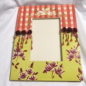 Boho Frame Hand Painted 3D Roses Beads Wood Table Top 8"X9.5" Glass 3.5"X 5.75"